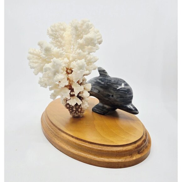 Black & White Marble Dolphin Figurine With Natural Coral Display On Wooden Base - Picture 5 of 11